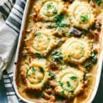 chicken pot pie casserole recipe topped with circles of puff pastry