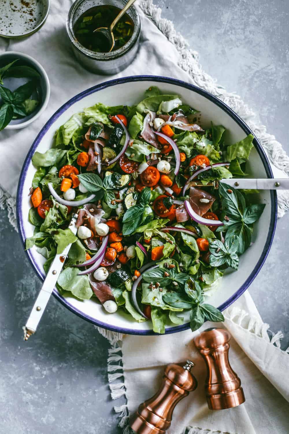 Prosciutto and Roasted Vegetable Salad with Pesto Balsamic Vinaigrette