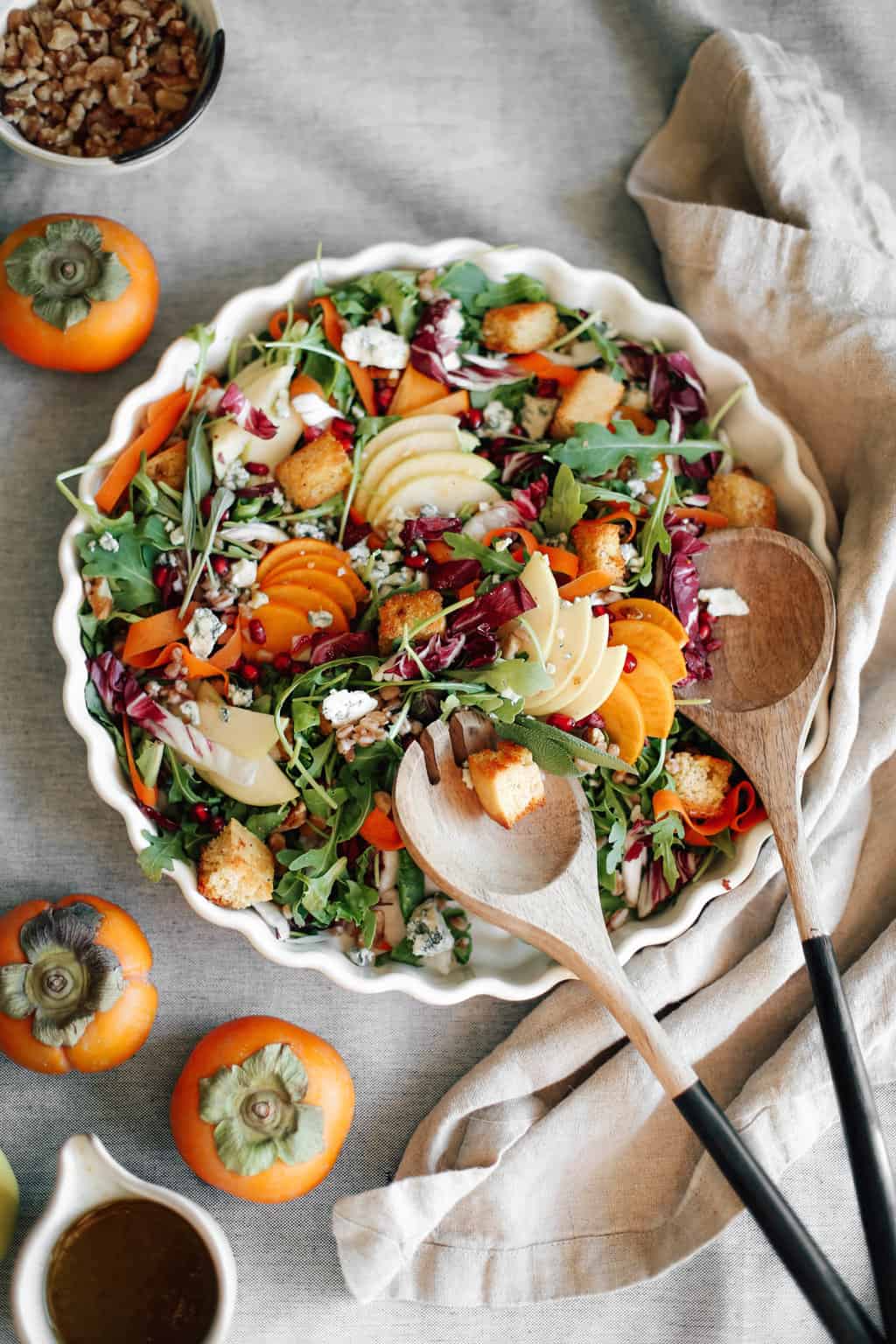 Apple and Persimmon Salad with Chinese 5 Spice Cornbread Croutons