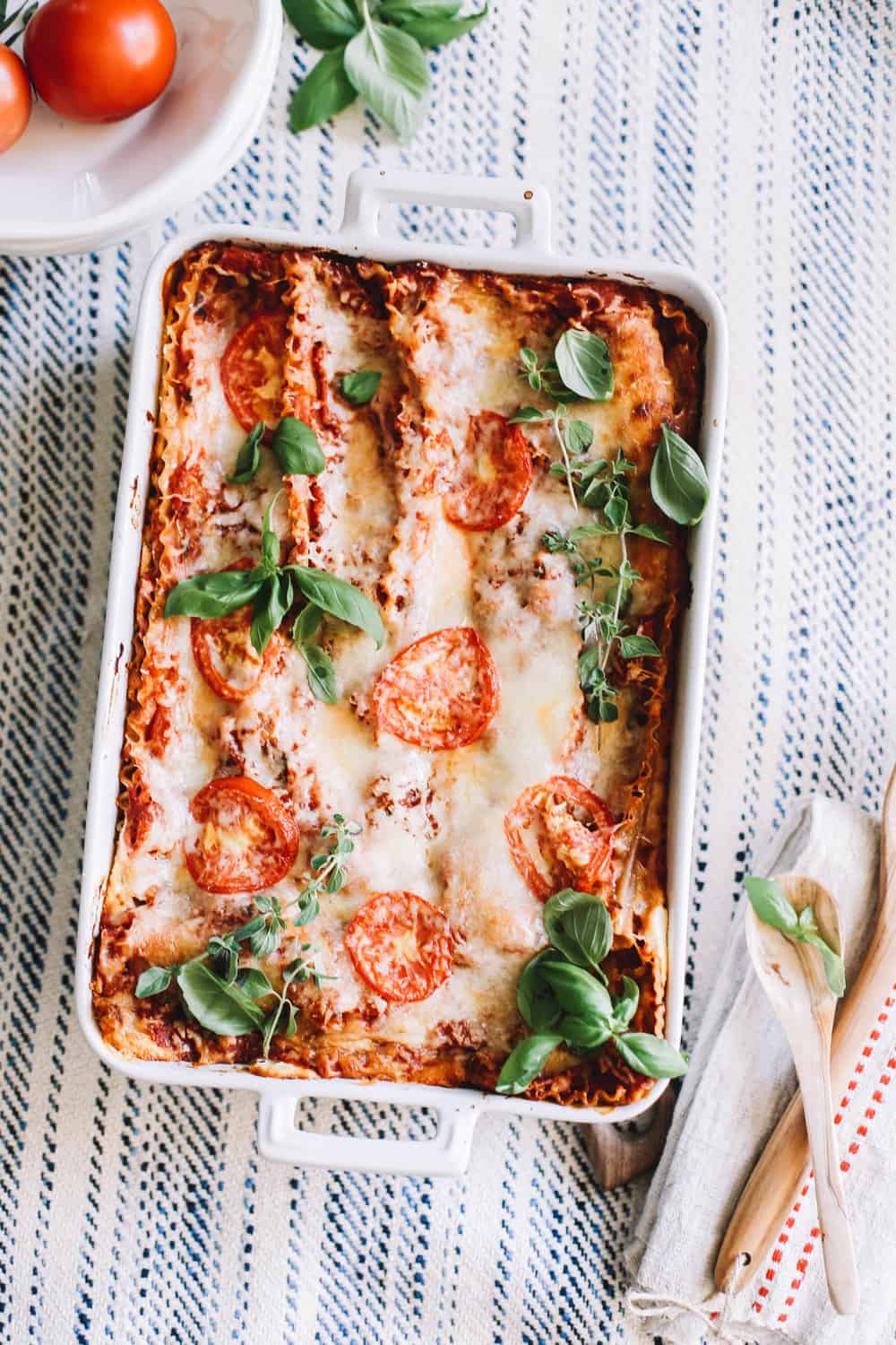 Lasagna in a casserole dish.