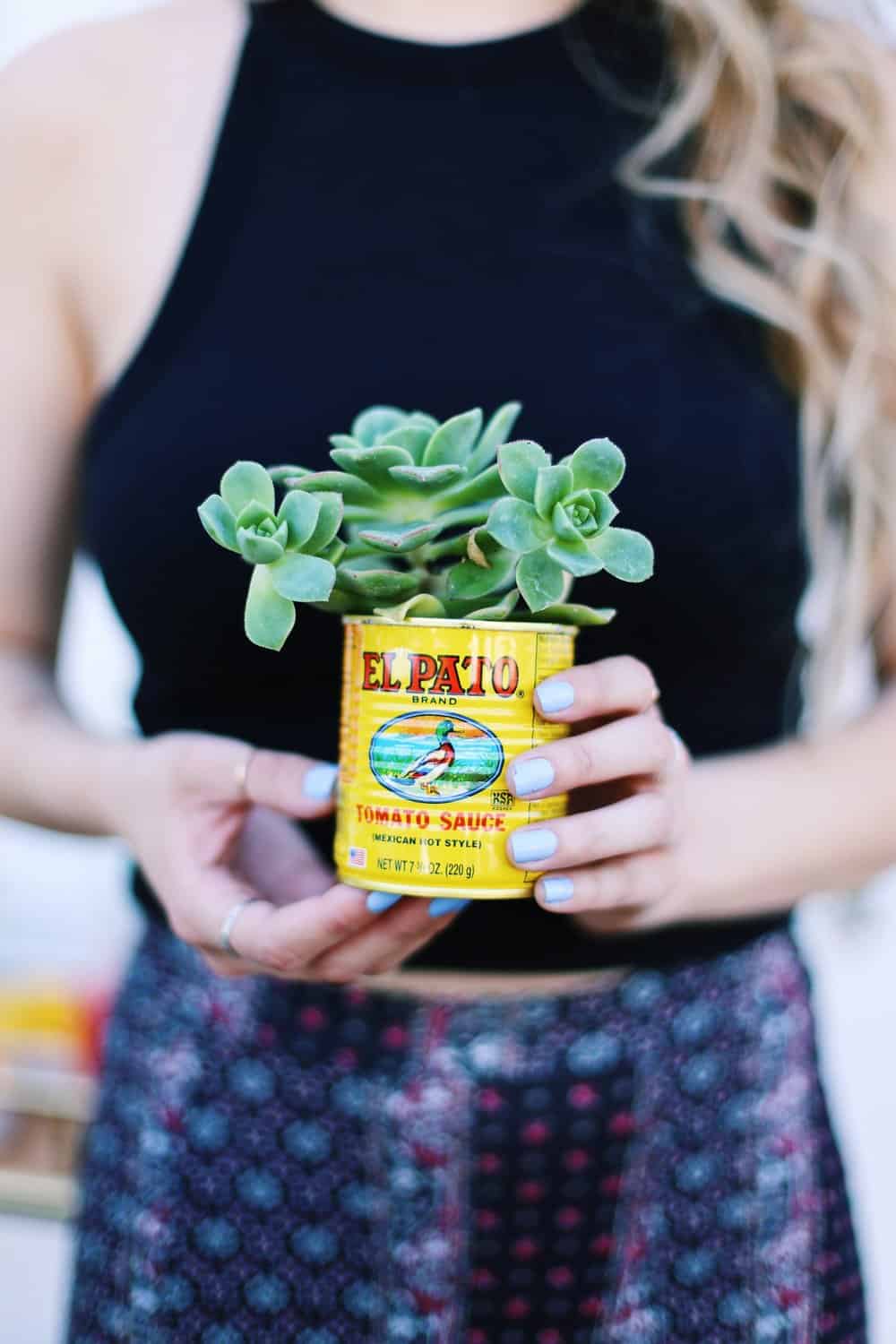 Two hands holding flowers planted in a Mexican food can