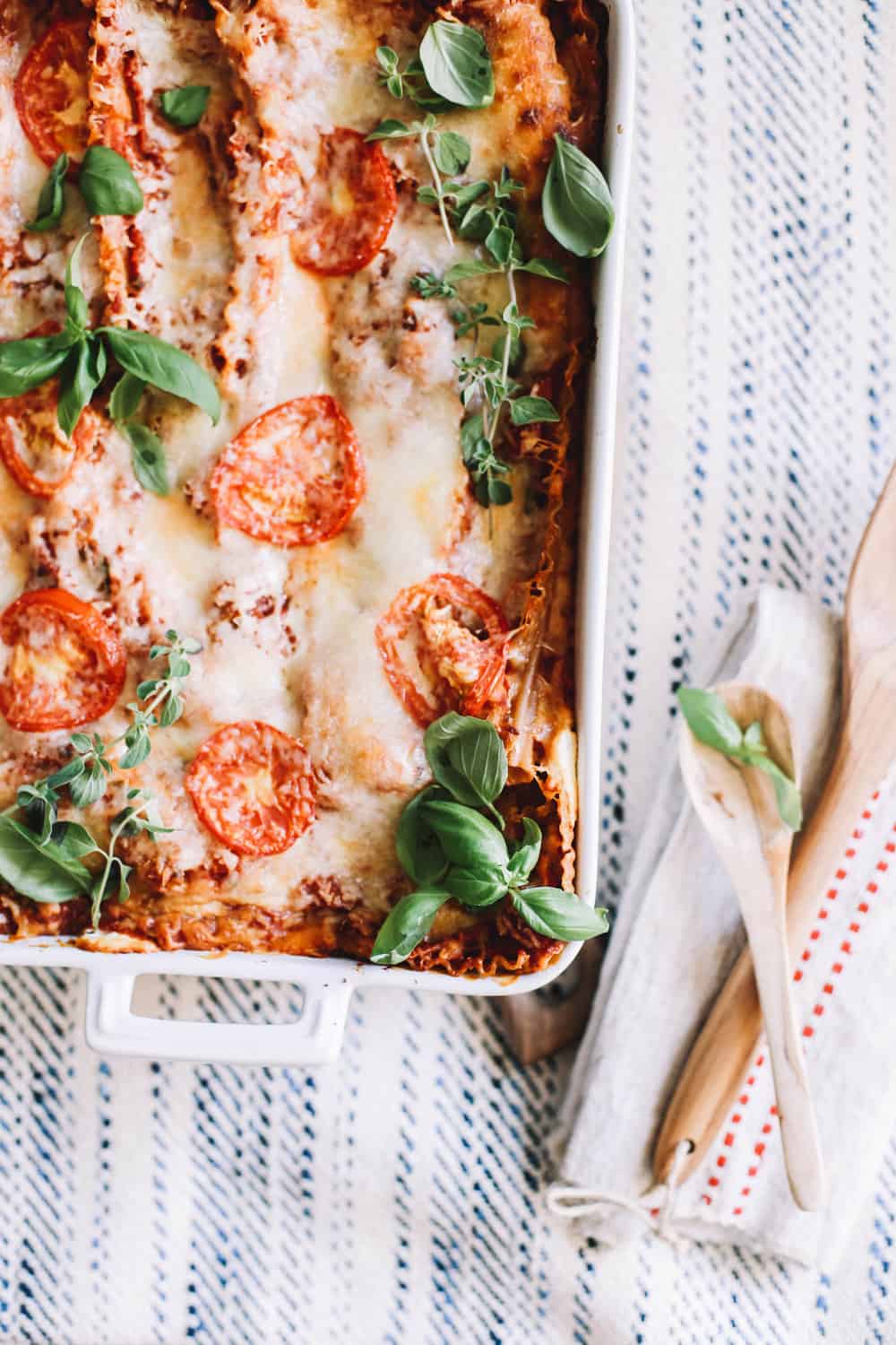 Baked homemade lasagna in a casserole dish 