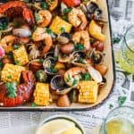 clams, shrimp, lobster, potatoes, corn on sheet pan