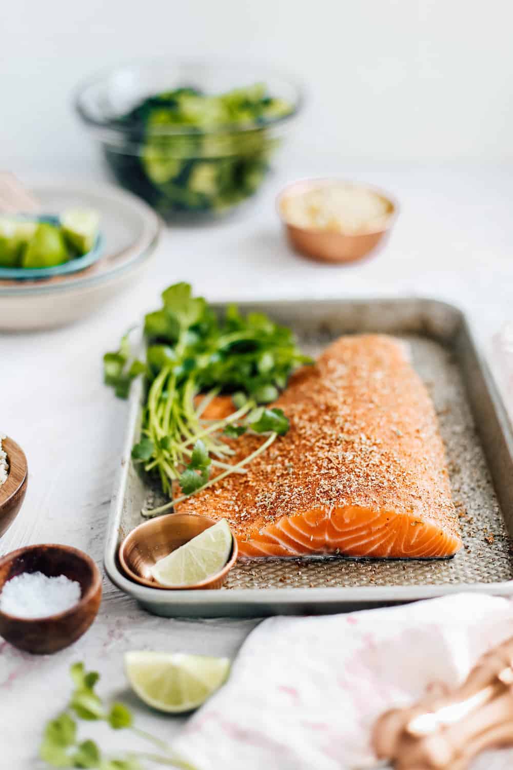 Salmon on a Baking Sheet with Lime and Cilantro