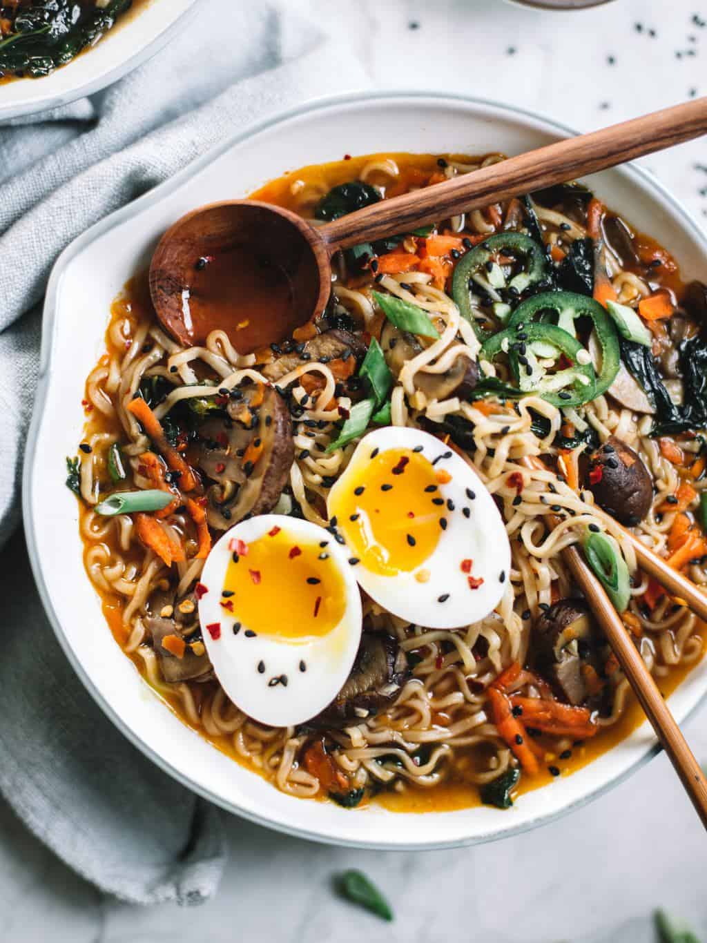 Easy homemade healthy ramen bowls topped with soft boiled eggs.