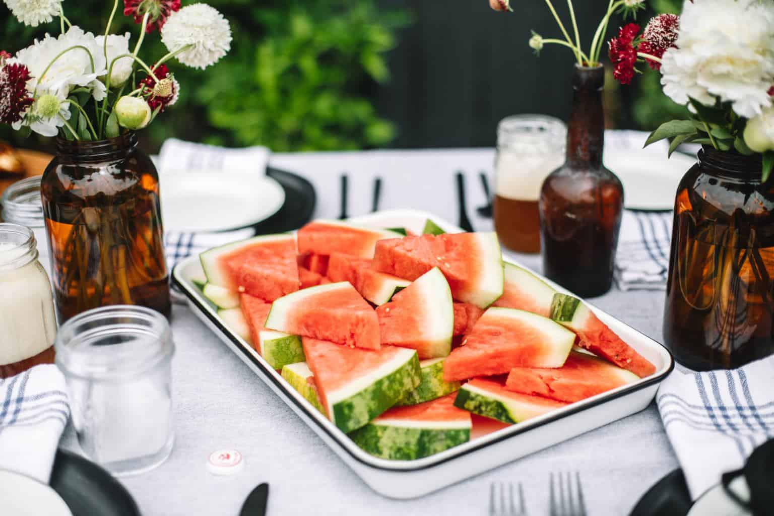 Platter of watermelon on a fathers day bbq table. 