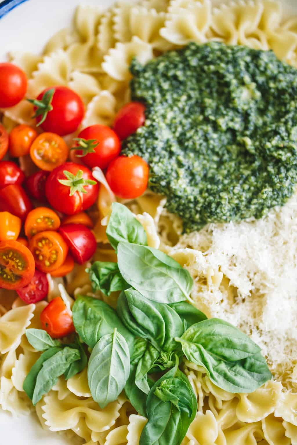 Pasta, pesto, tomatoes, Parmesan, and basil in a white bowl with blue rim