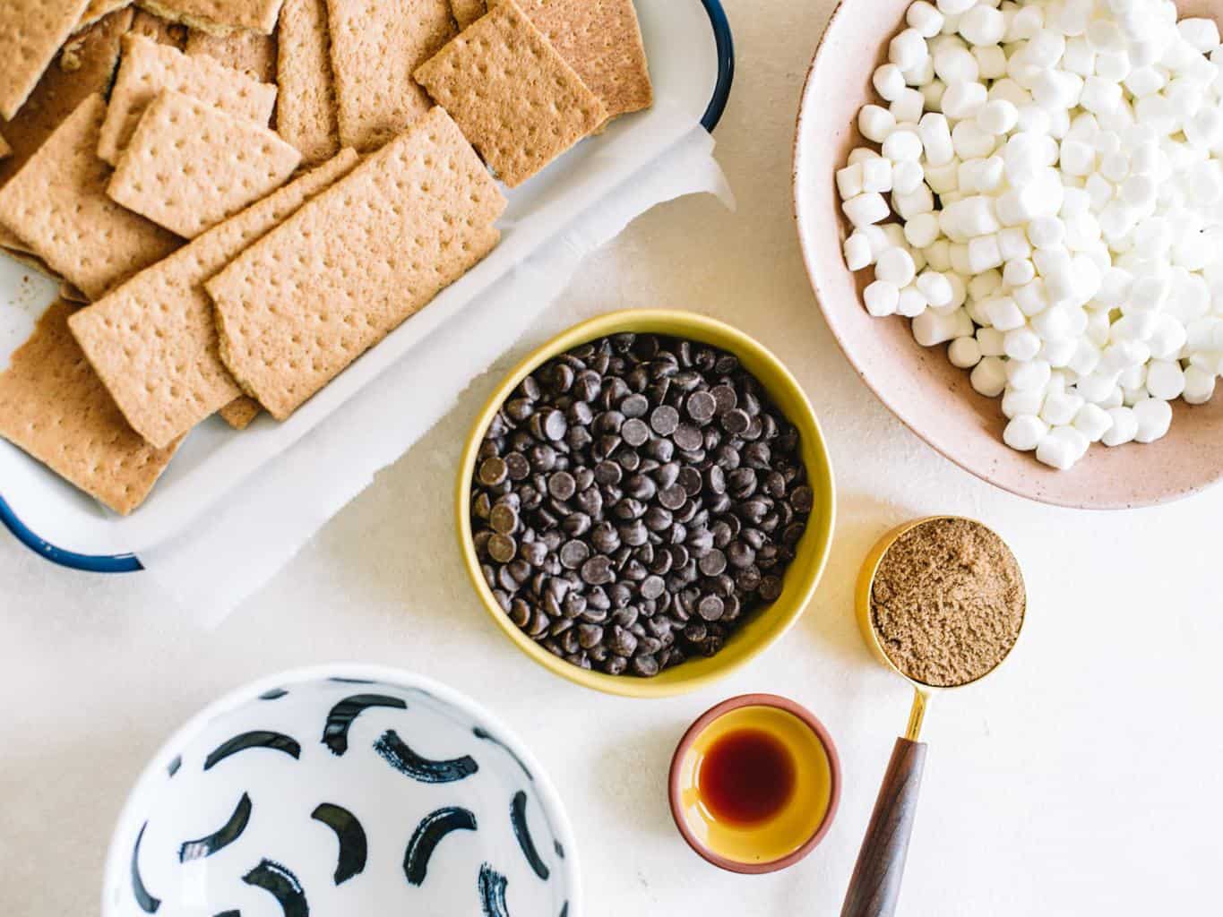 Graham crackers, marshmallows chocolate chips, brown sugar and vanilla extract.