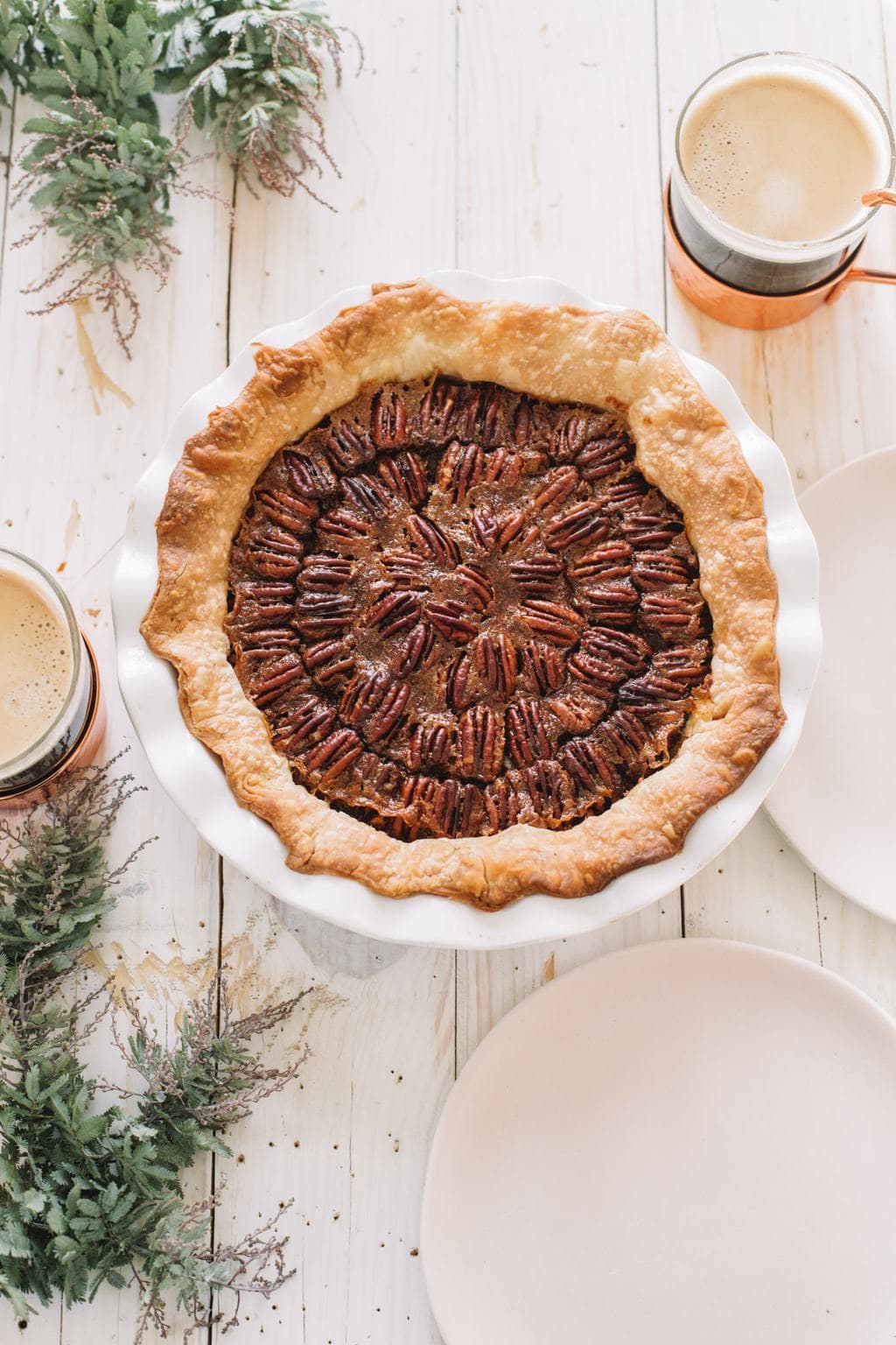 easy pecan pie recipe in white pie dish