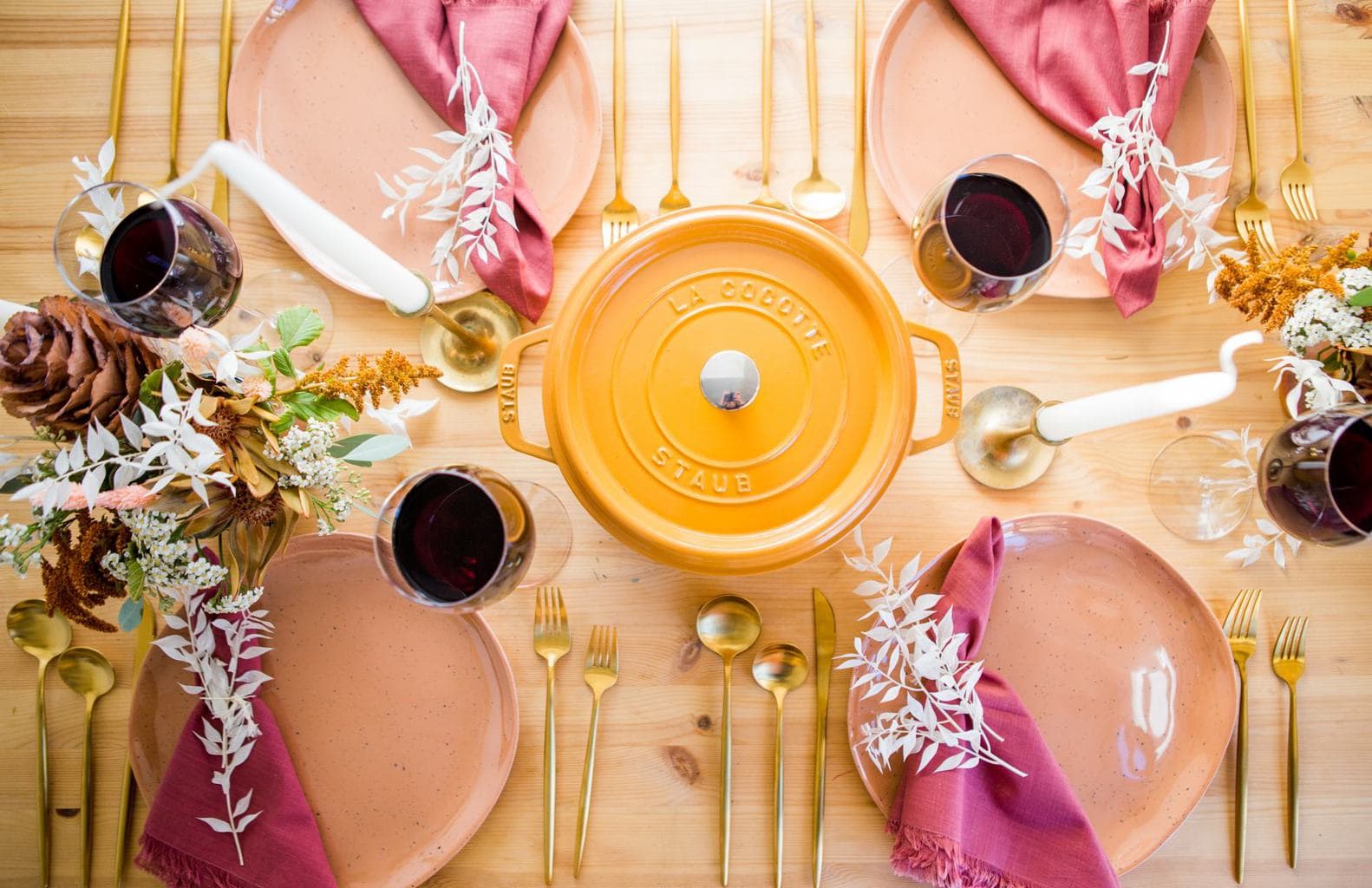 Top down view of a thanksgiving tablescape. 