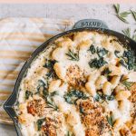 chicken and gnocchi bake in skillet