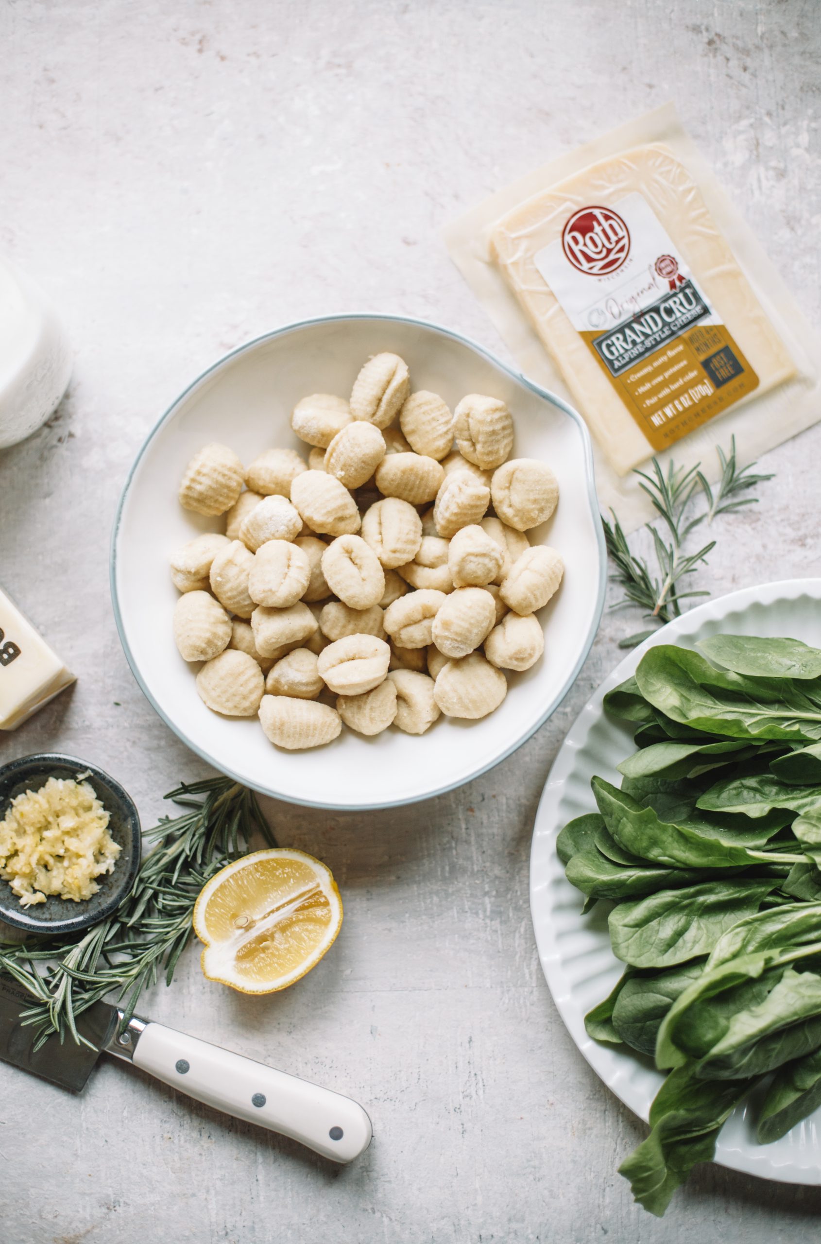 roth cheese, gnocchi, spinach, lemon, rosemary, garlic, butter