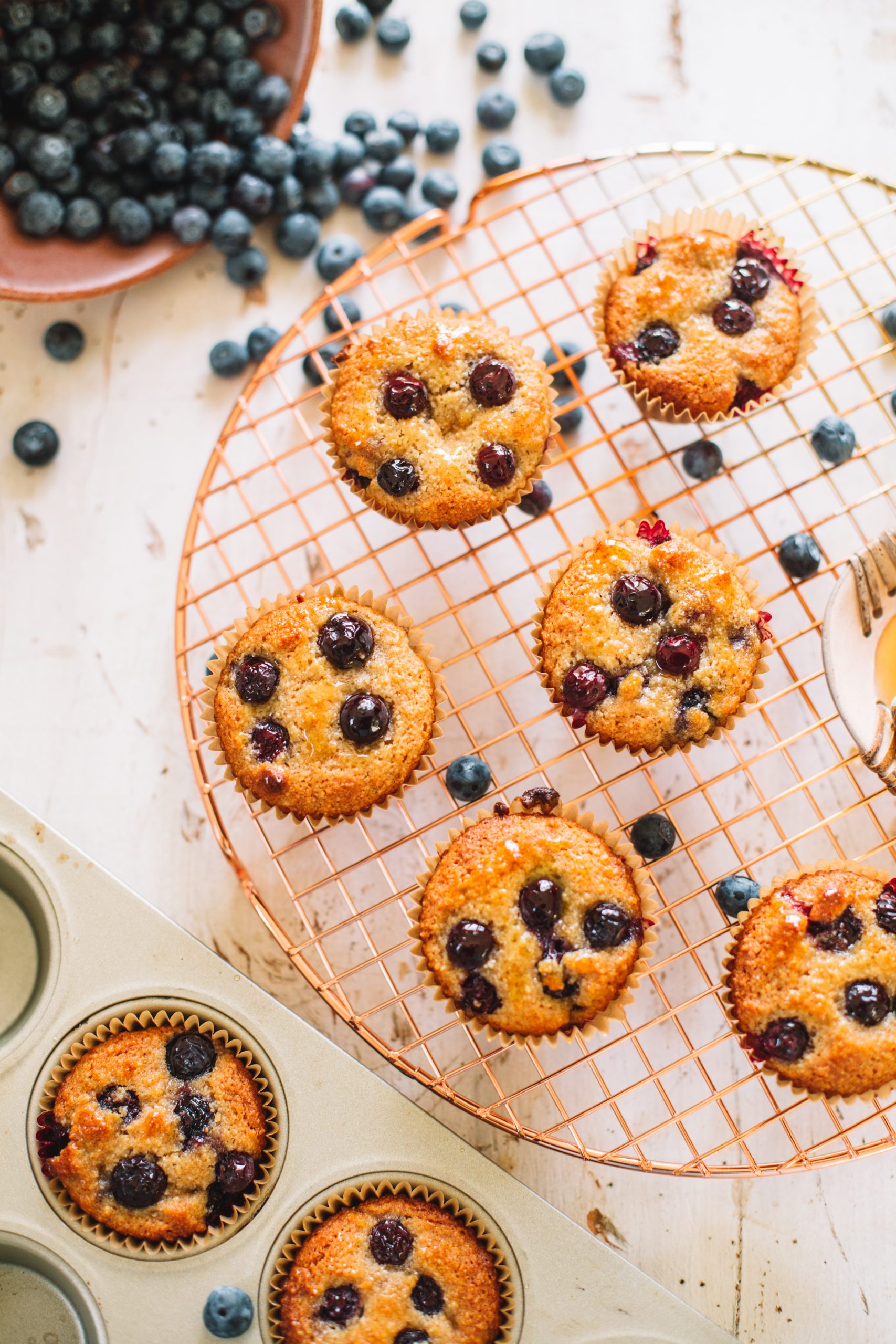 almond flour blueberry muffins on cooling rack