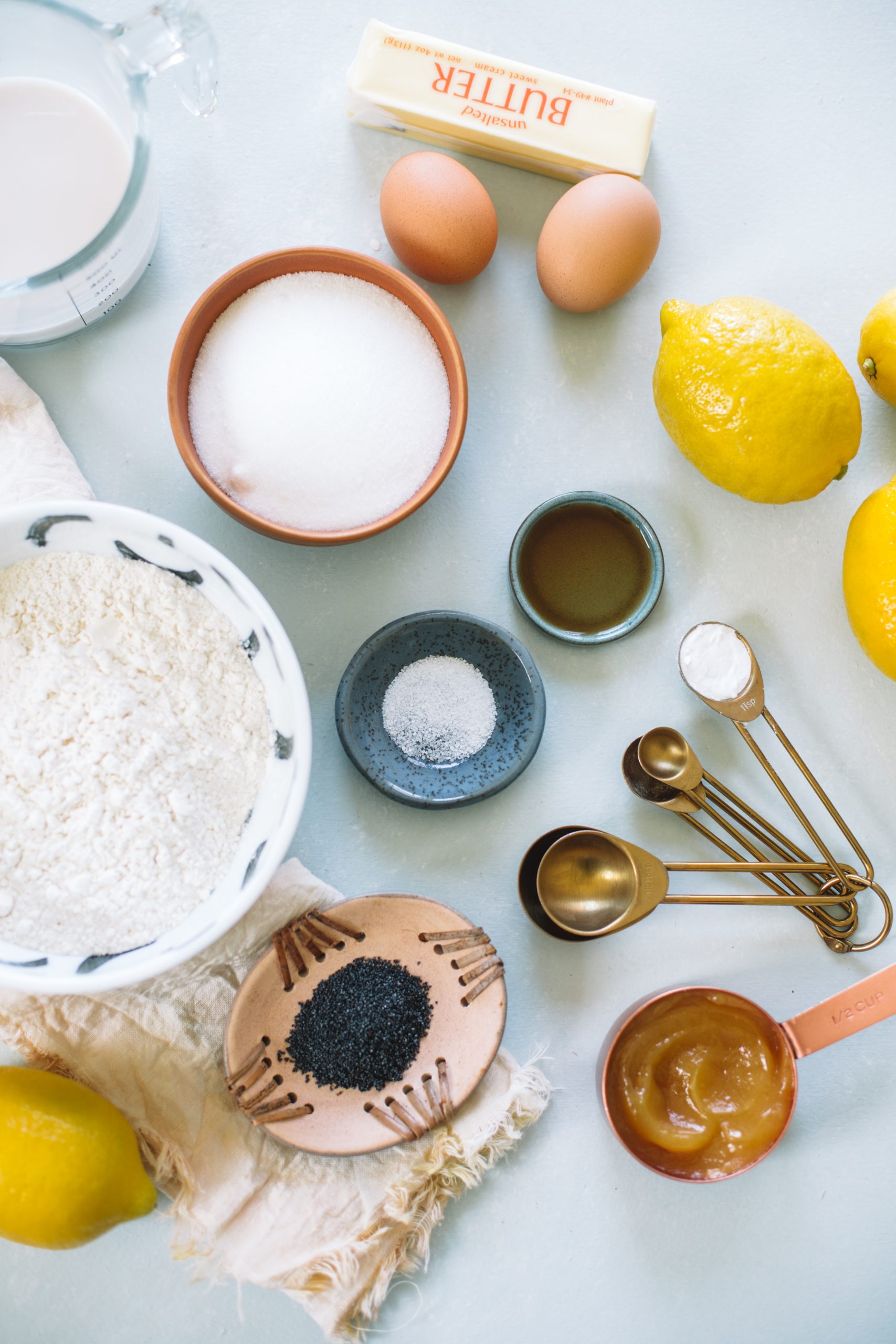 Ingredients to make Lemon Poppyseed Loaf Cake. 