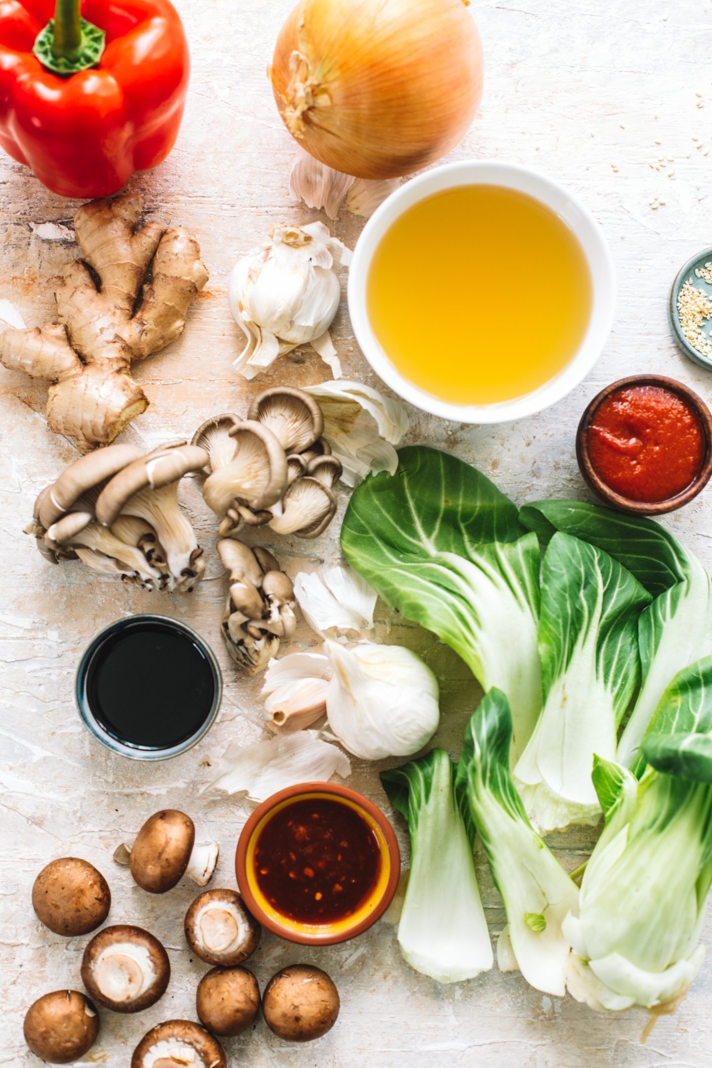 red pepper, onion, ginger, garlic, broth, mushrooms, chili sauce, bok choy, soy sauce