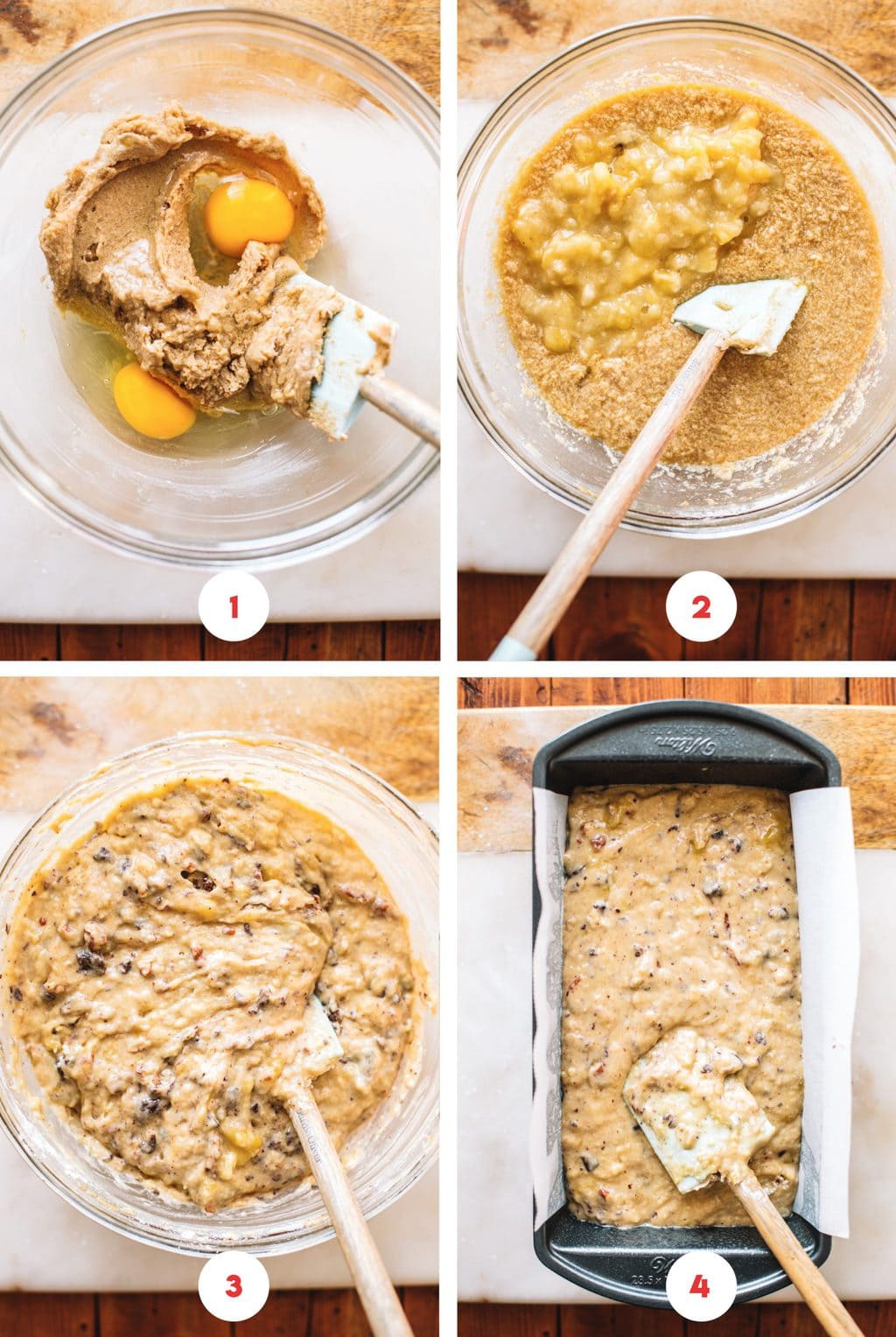 four step grid making banana nut bread from scratch