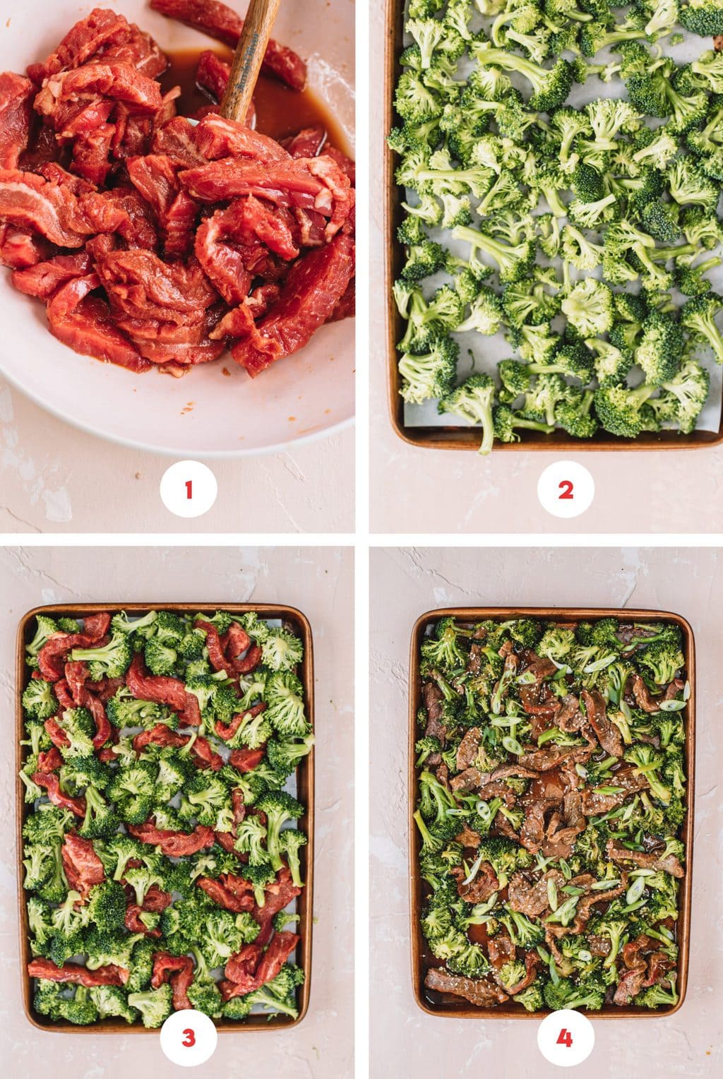 Step by step process on how to make sheet pan beef and broccoli. 