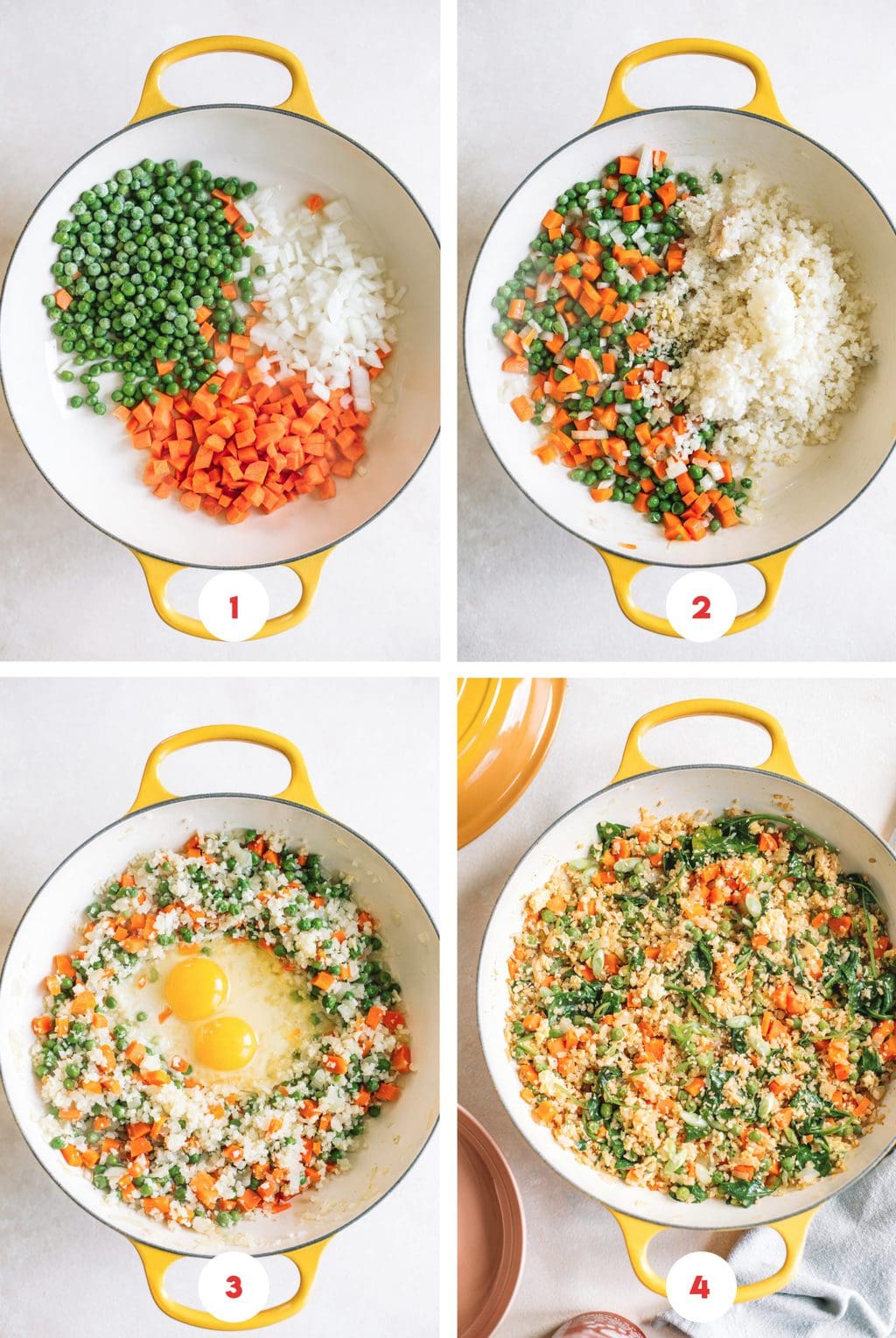 Step by step process how to make cauliflower fried rice. 