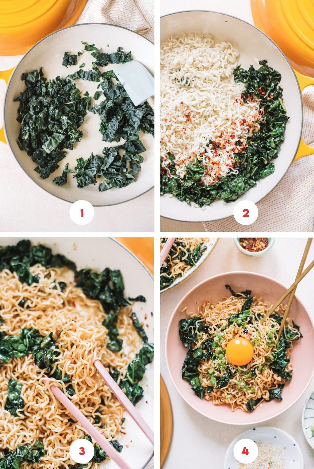 Step by step process of Garlic Butter Ramen Noodle Stir Fry being made in a yellow skillet. 