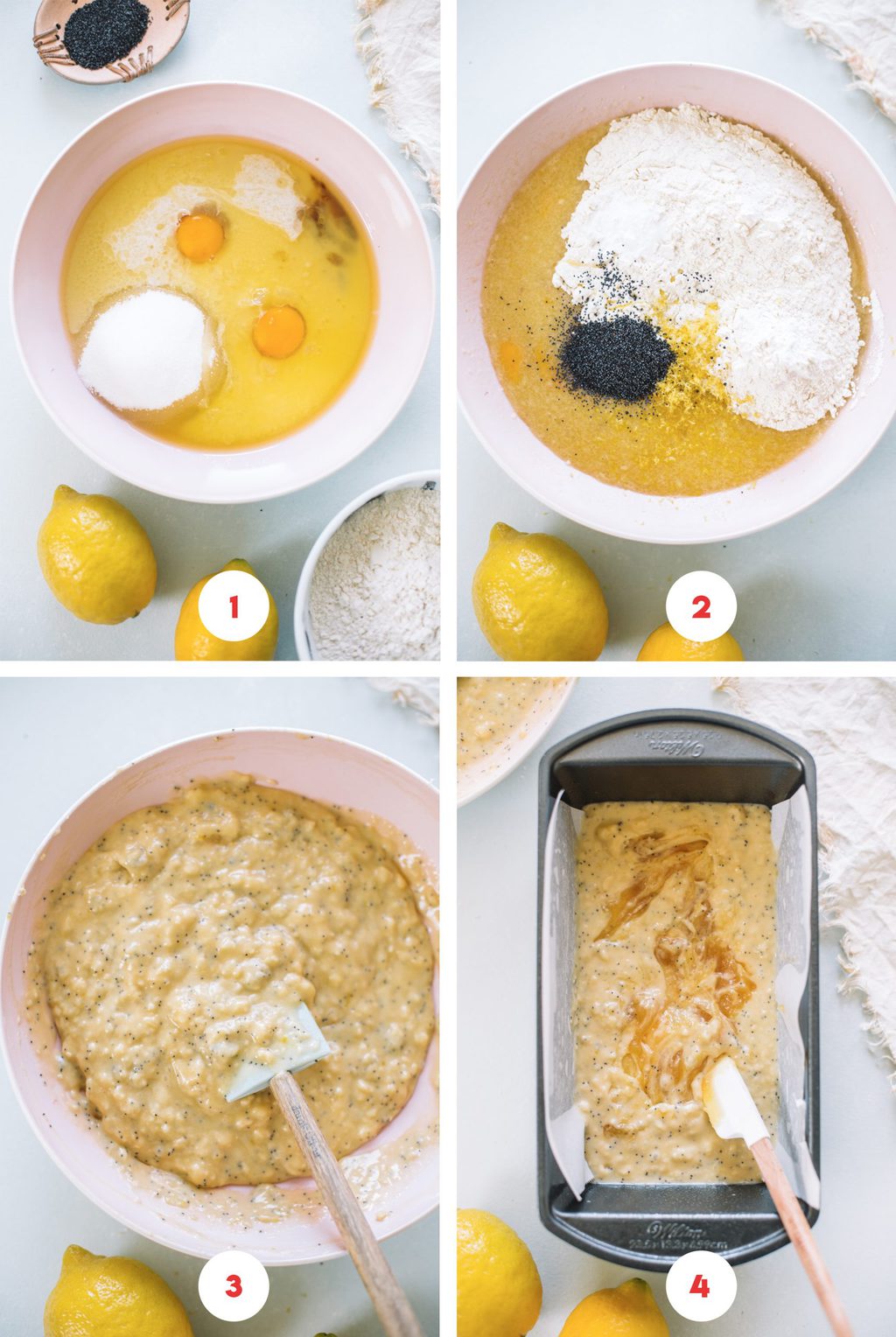 Step by step photo on how to make batter for Lemon Poppyseed Loaf Cake. 