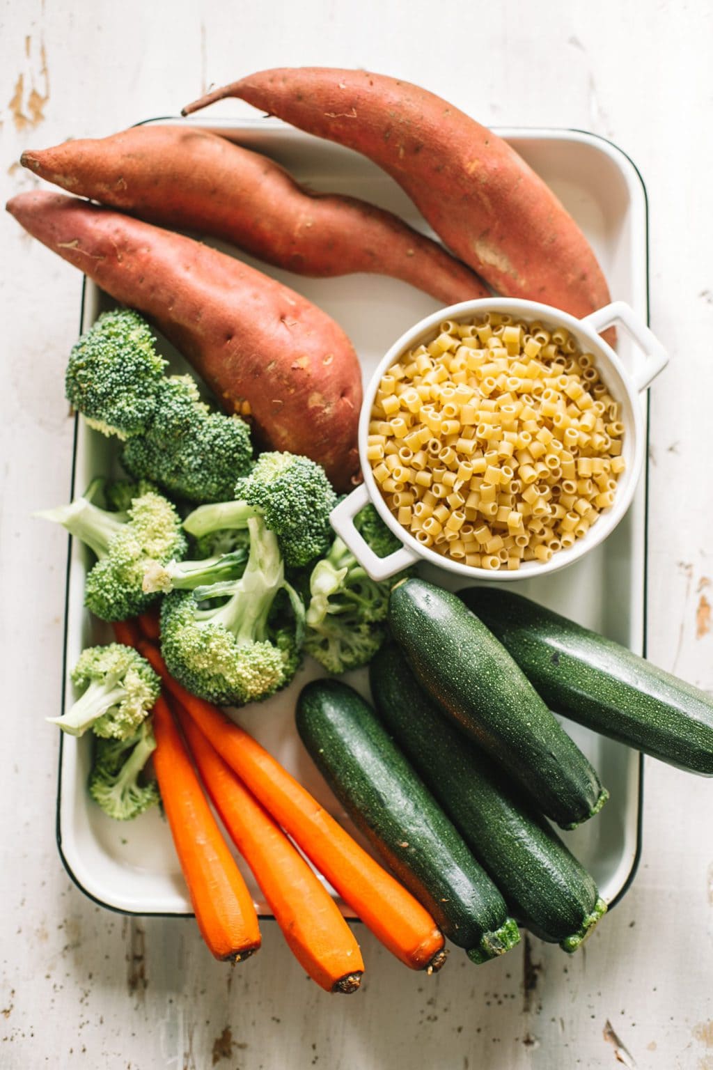 sweet potatoes, broccoli, pasta, zucchini, carrots