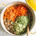 chopped vegetables and ground turkey in dutch oven