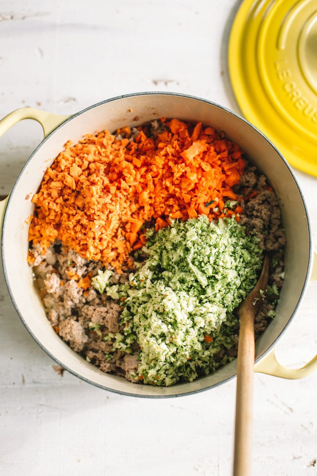 chopped vegetables and ground turkey in dutch oven