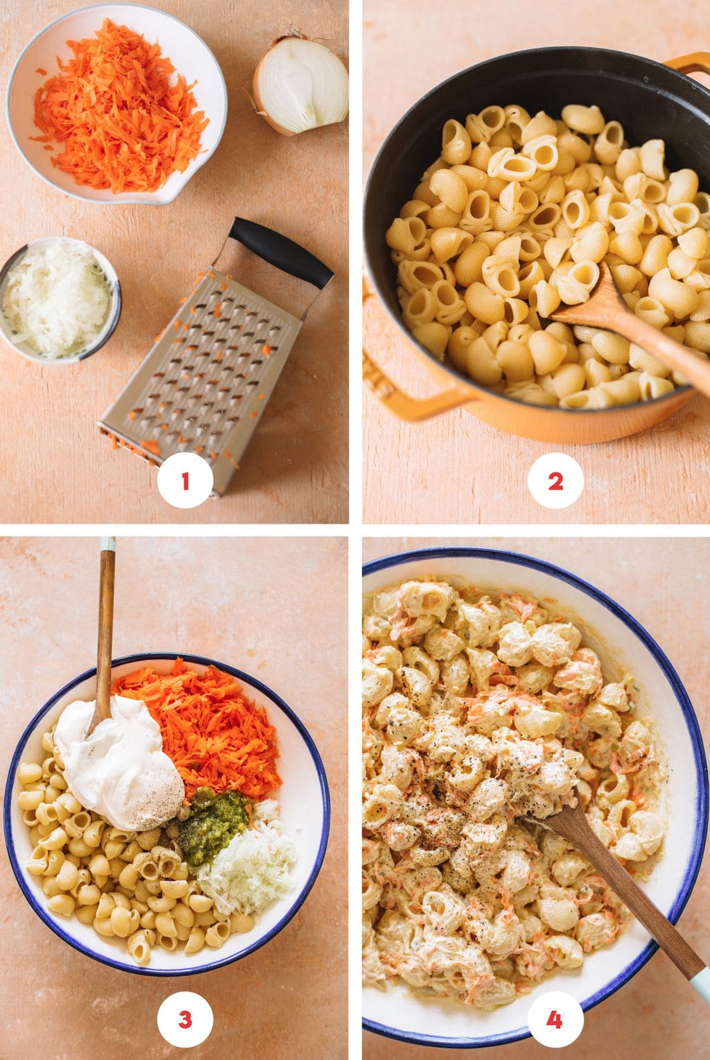 Step by step process on how to make macaroni salad from prepping ingredients to putting it together.