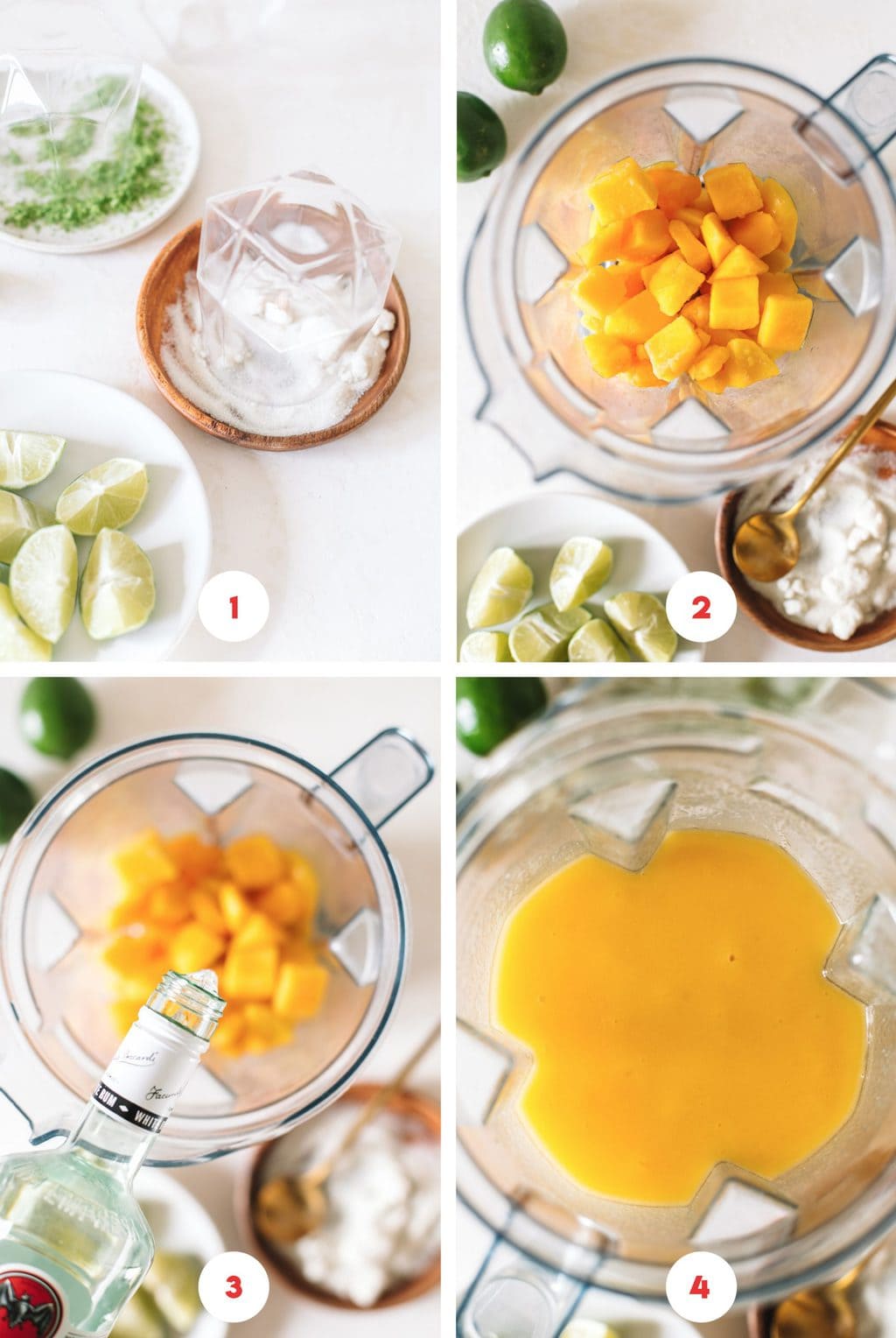 Step by step process on how to make frozen daiquiris in a blender.