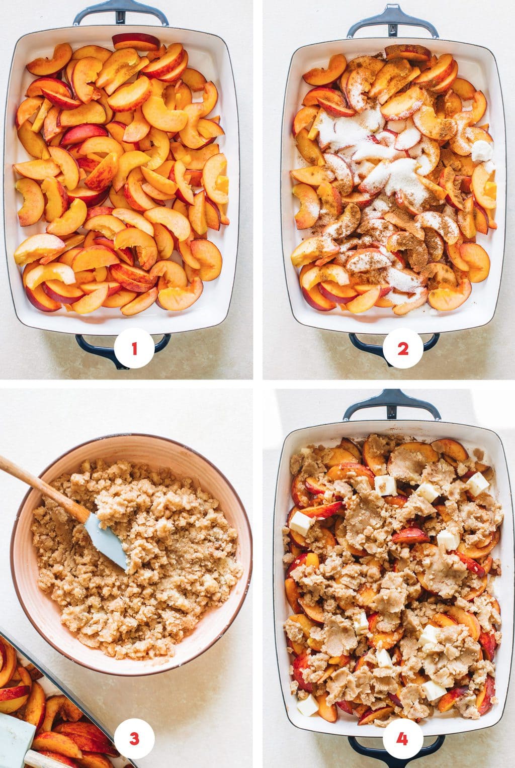 Step by step process on how to make the peach filling and topping for peach cobbler.