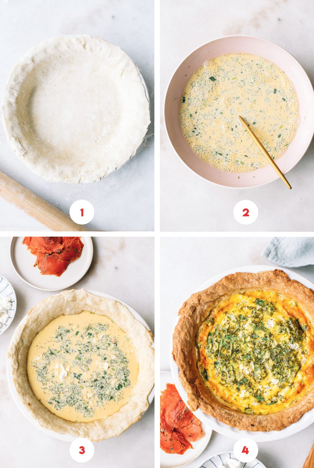 A step by step process on how to make smoked salmon quiche starting with the pie dough and finishing with a baked quiche.