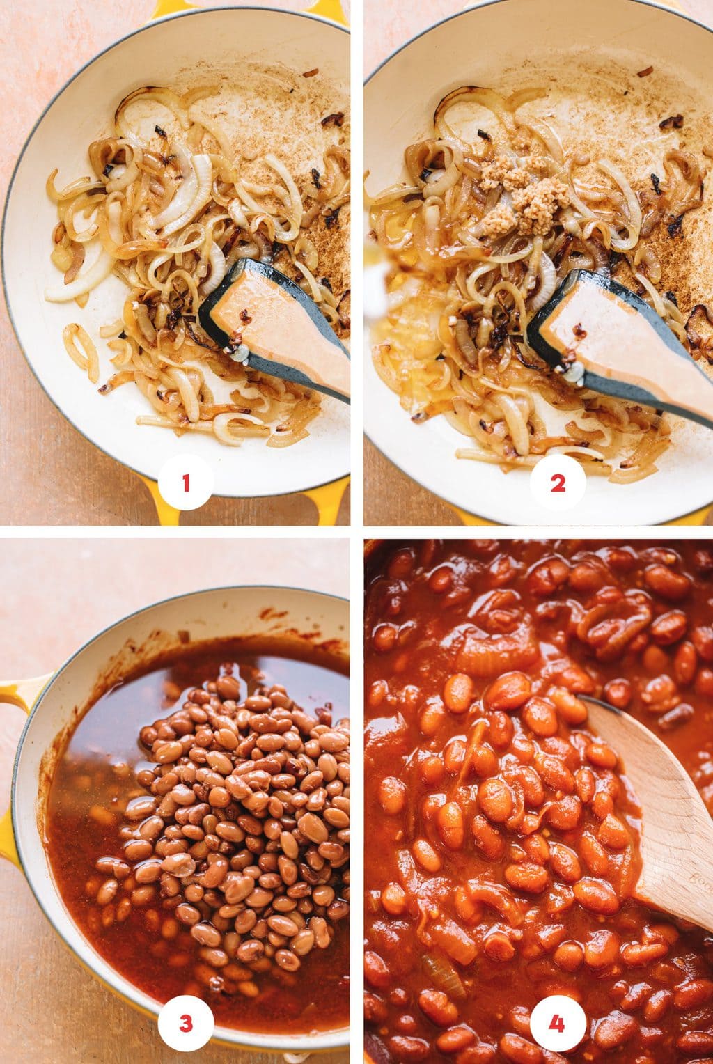 caramelizing onions in yellow dutch oven, beans and liquid in dutch oven with wooden spoon