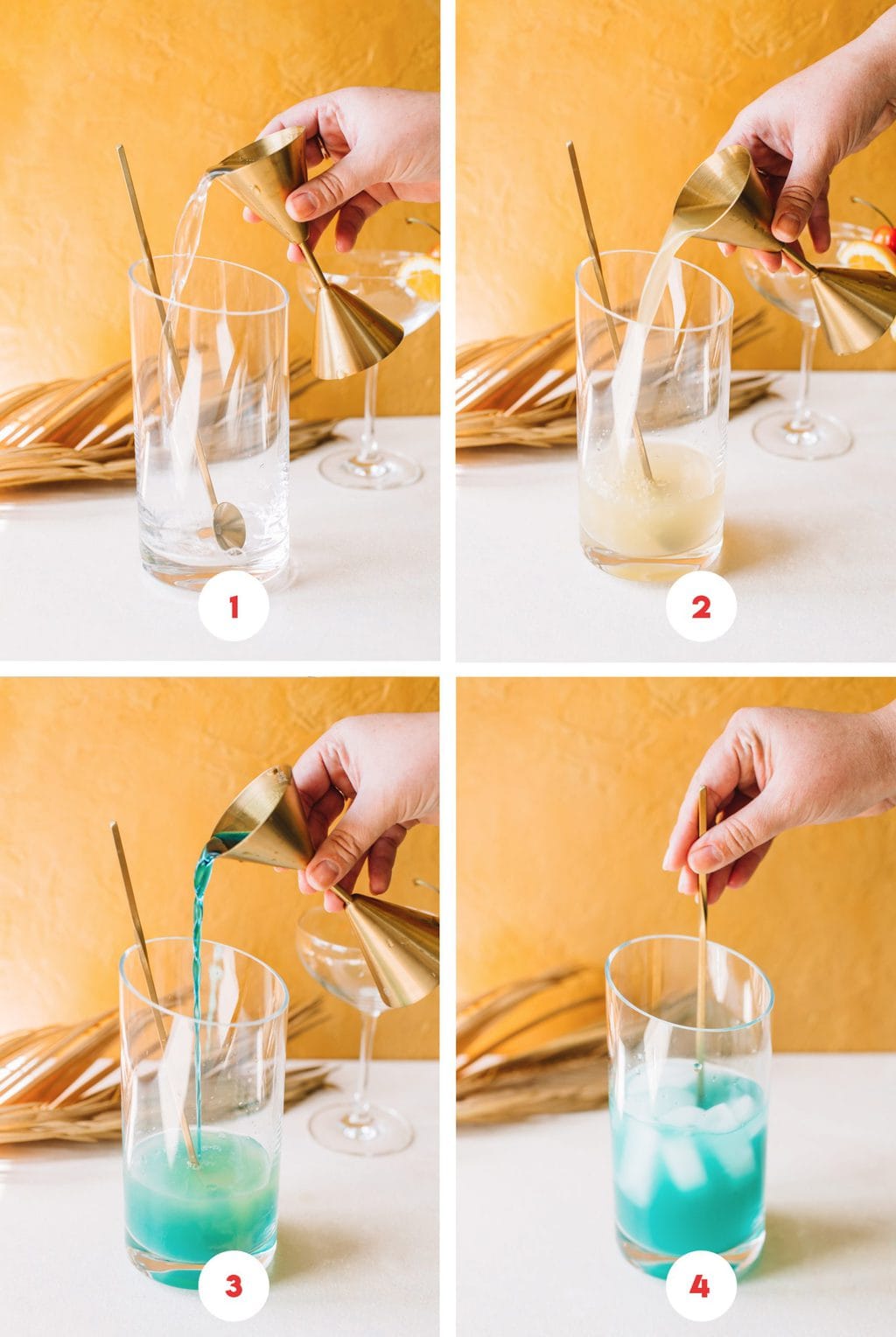 pouring lemonade, pineapple juice, vodka and blue caracao in highball glass with one ounce measuring pourer