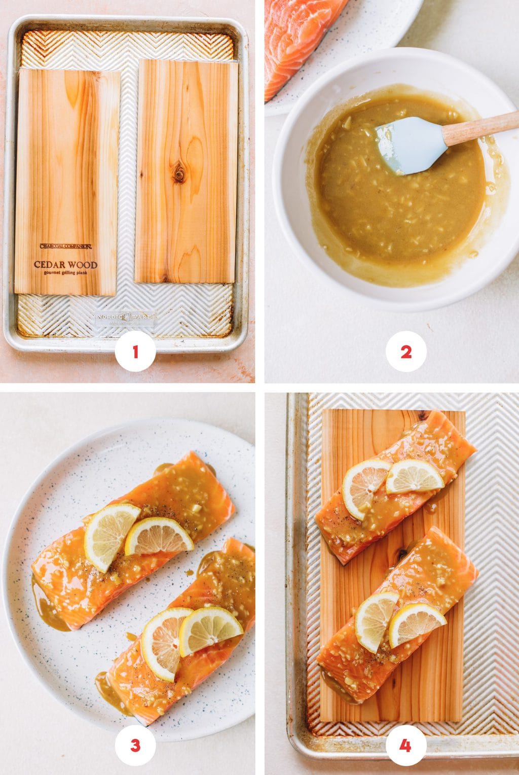 soaking cedar wood planks, mixing brown sugar mustard glaze, salmon fillets on white plate, salmon on cedar plank