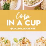 Mexican corn in a cup topped with lime wheels, cotija cheese and cilantro.