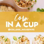 Mexican corn in a cup topped with lime wheels, cotija cheese and cilantro.