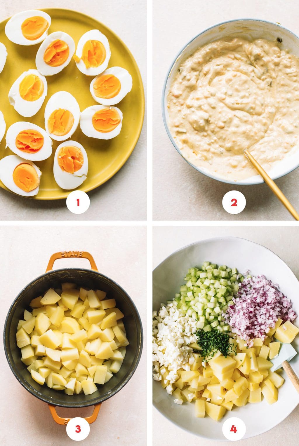 hard boiled eggs cut in half, deviled egg mix, boiled potatoes in pot, chopped ingredients in bowl