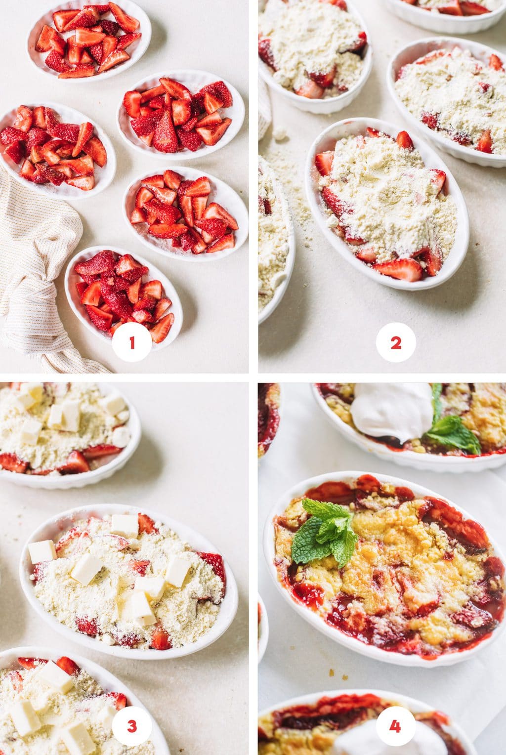 Step by step process on filling strawberry dump cakes.