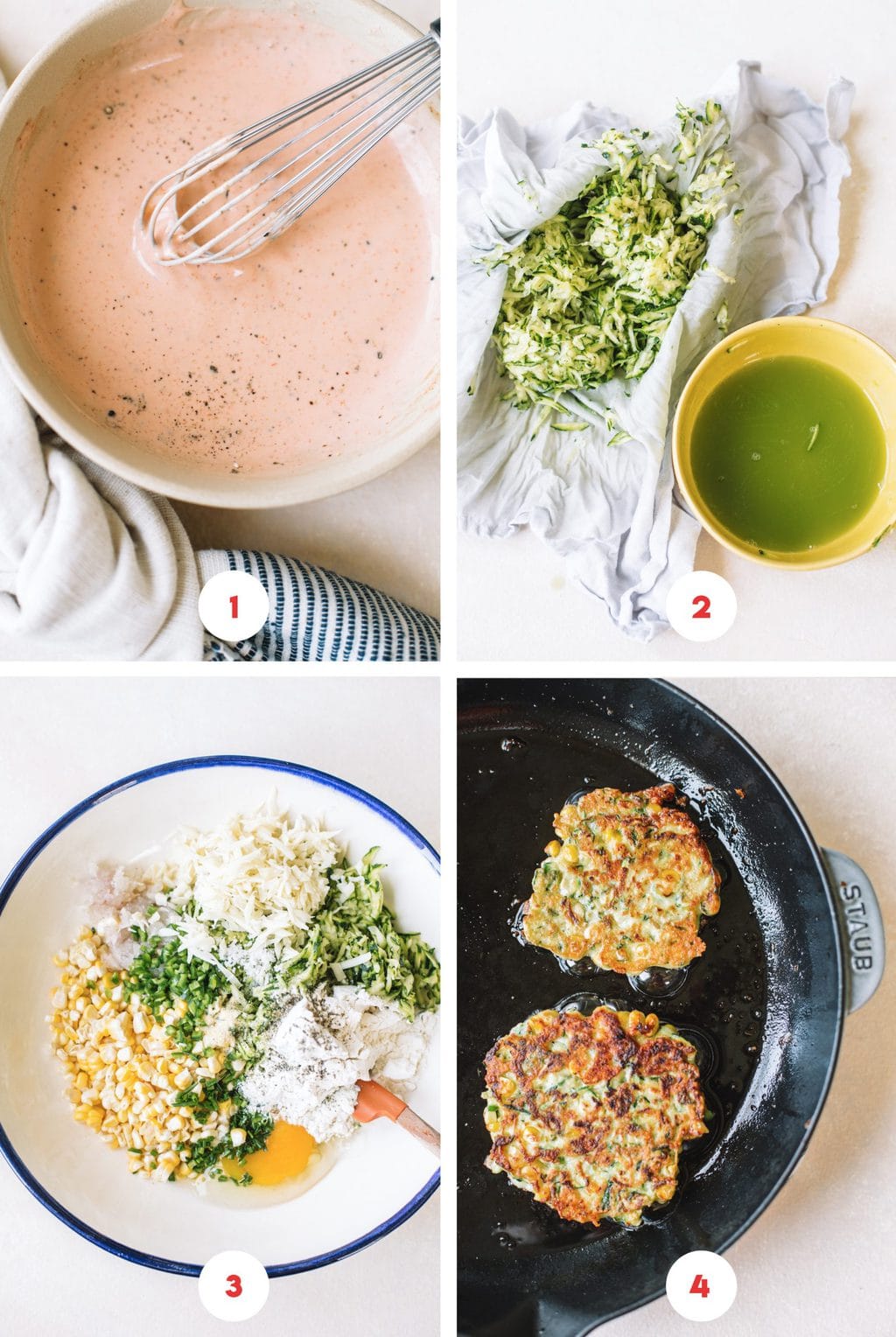 whisking dipping sauce in bowl, shredded zucchini in tea towel, zucchini corn batter mix in bowl, vegetable fritters in cast iron skillet