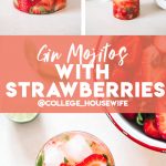 Strawberry gin mojito poured in a low ball glass topped with ice cubes, strawberries and fresh mint.