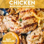 easy lemon chicken recipe on blue striped plate