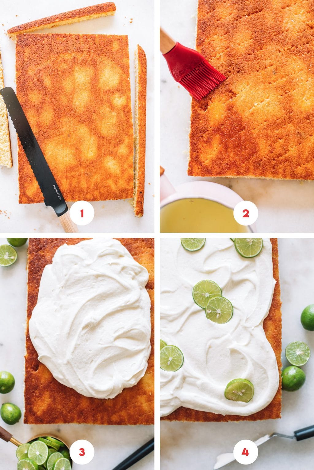 Step by step process on how to put a key lime cake together.