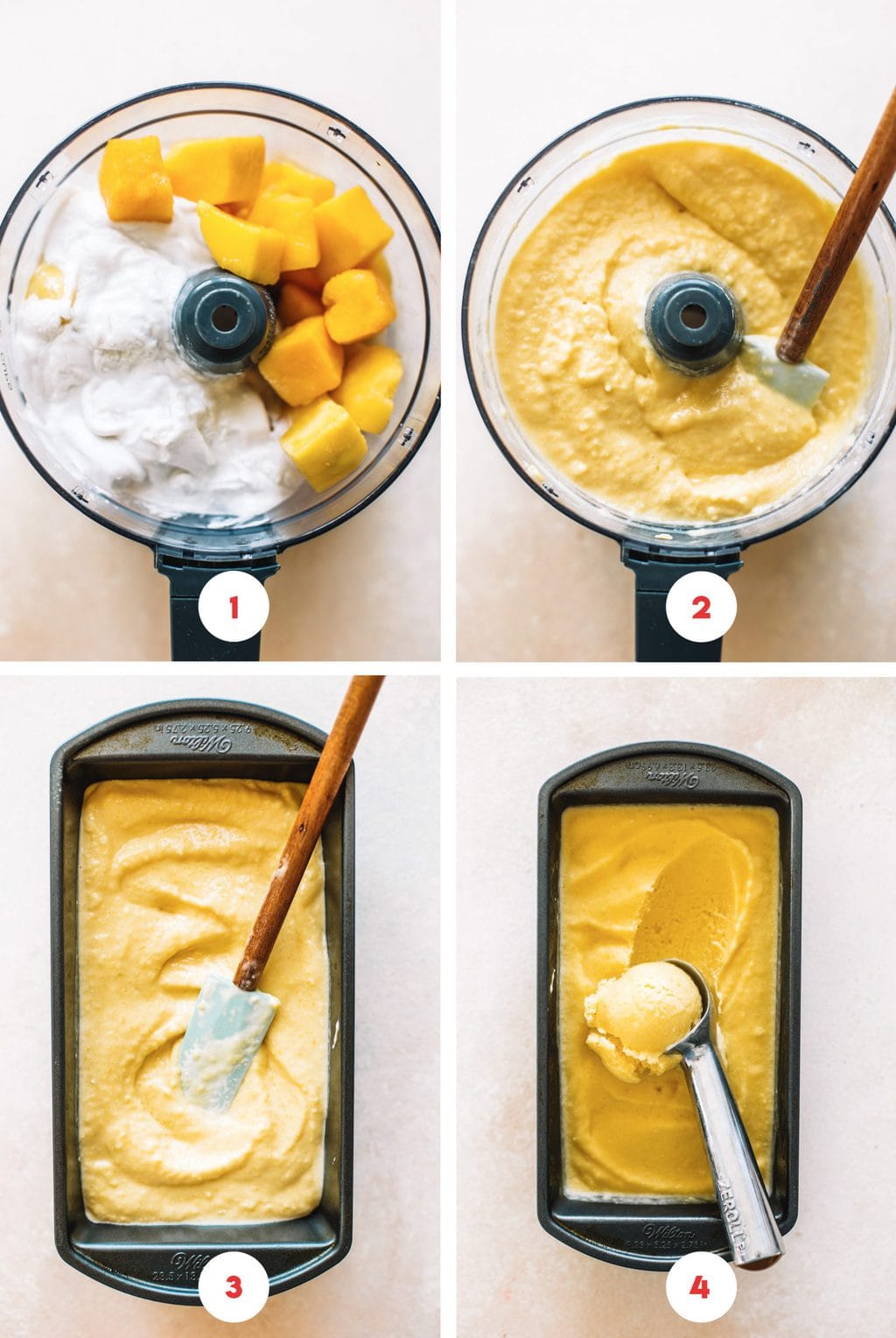 Step by steps on how to make mango ice cream in a food processor. 