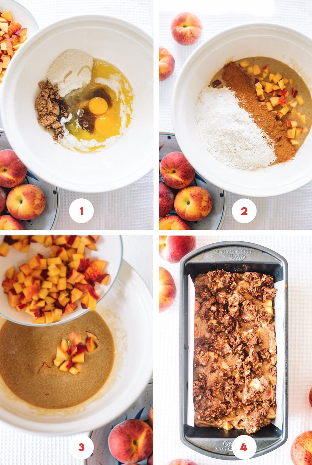 Step by step process on how to make peach bread.