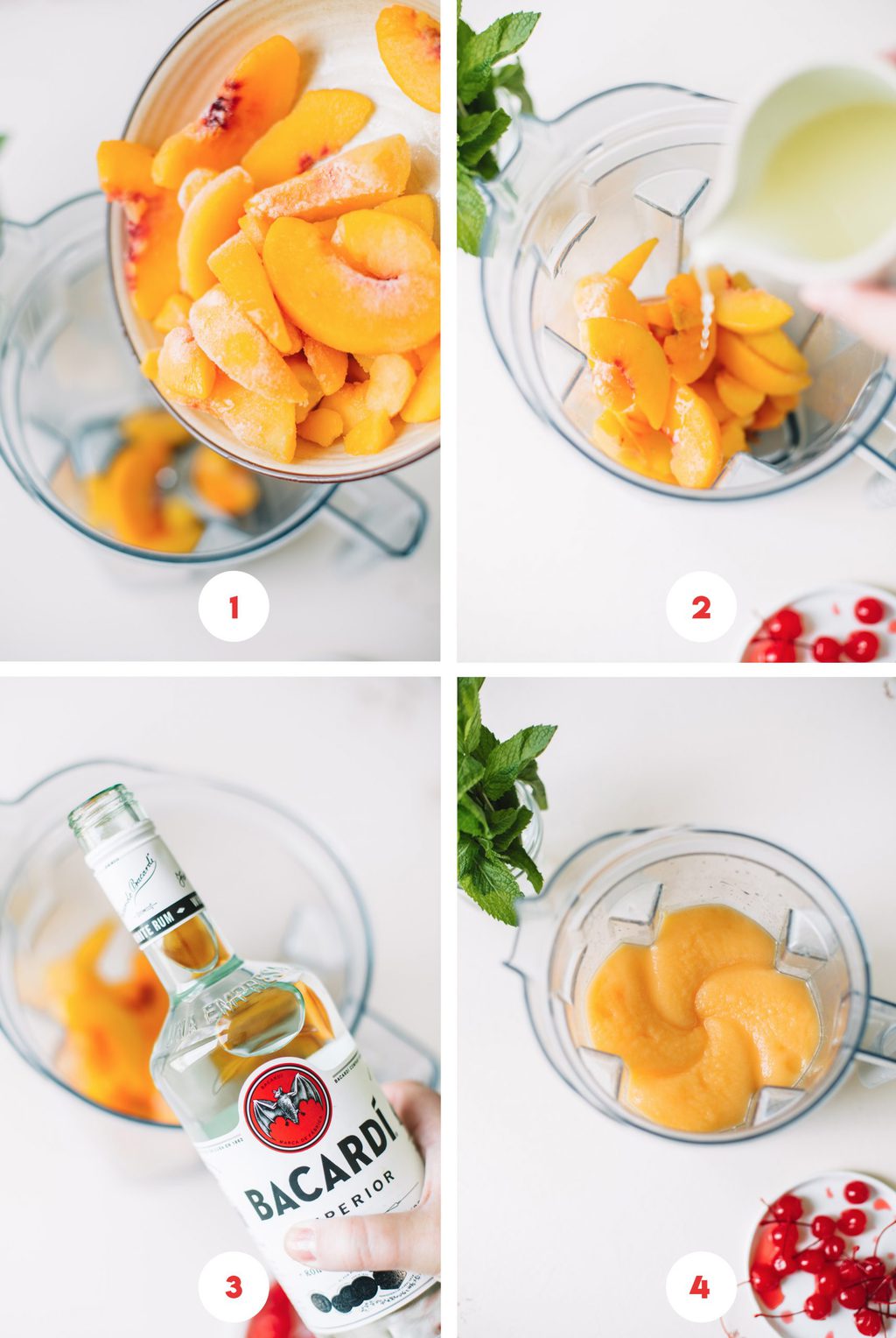 pouring frozen peaches in blender, adding lime juice to blender, pouring white rum in blener, blended peach daiquiri