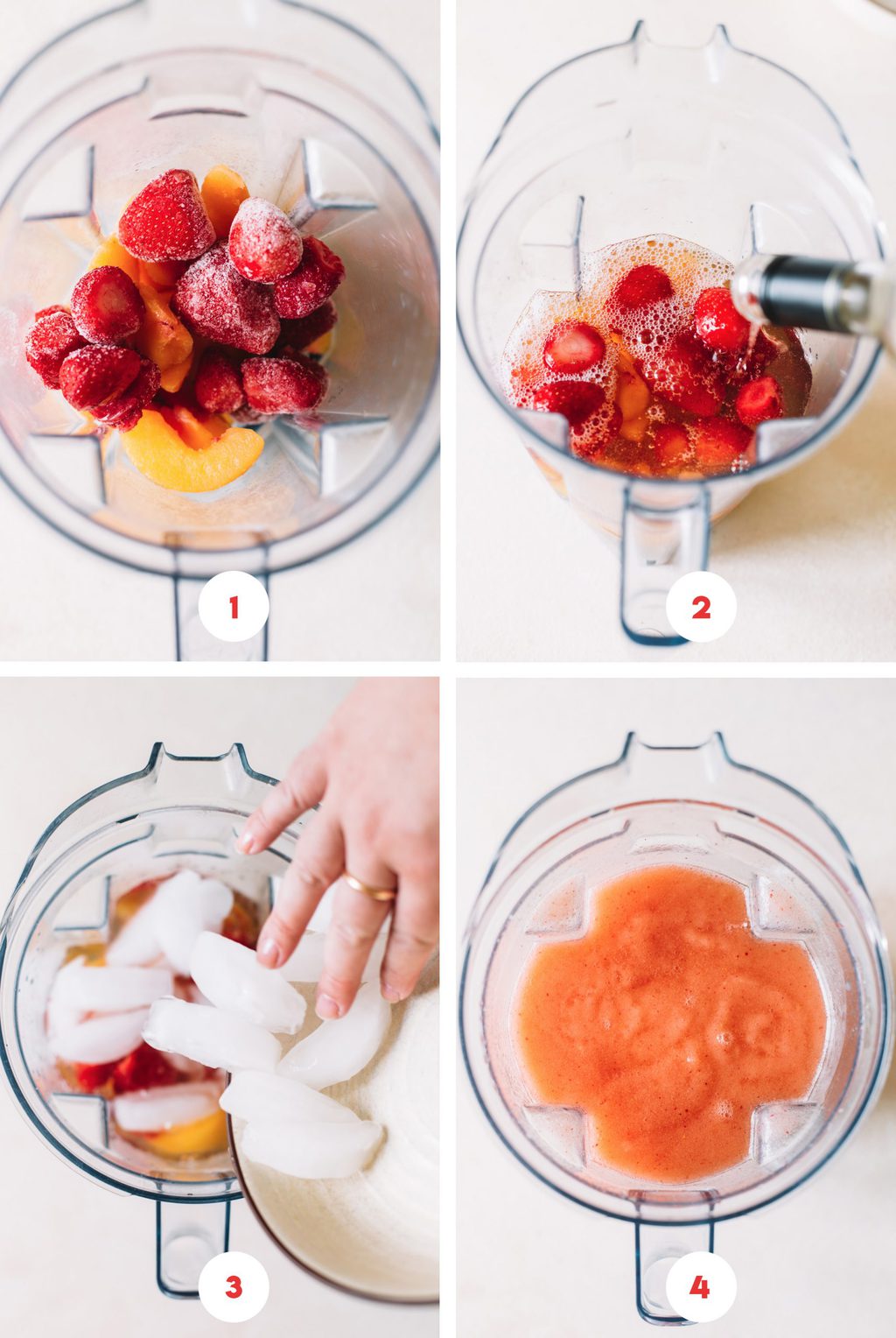 frozen peaches and strawberries in blender, pouring white wine into blender, finished peach slushy