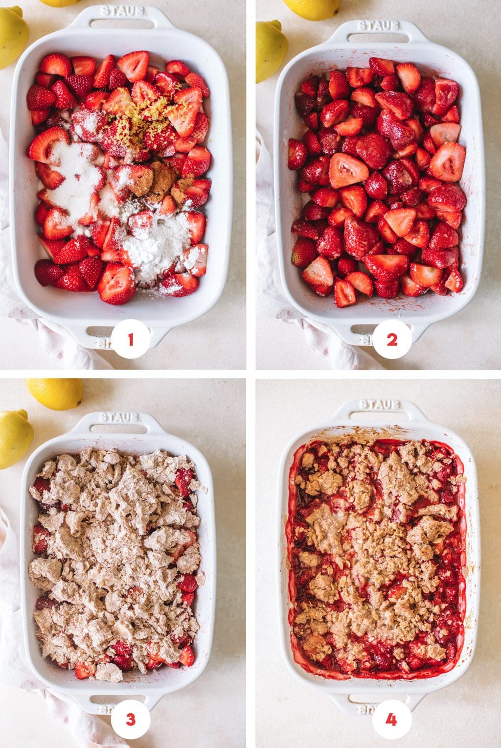 strawberries macerating in casserole dish and topped with oat crumble