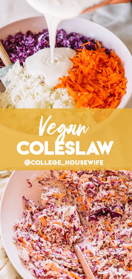 A pink bowl filled with vegan coleslaw with a copper serving spoon.