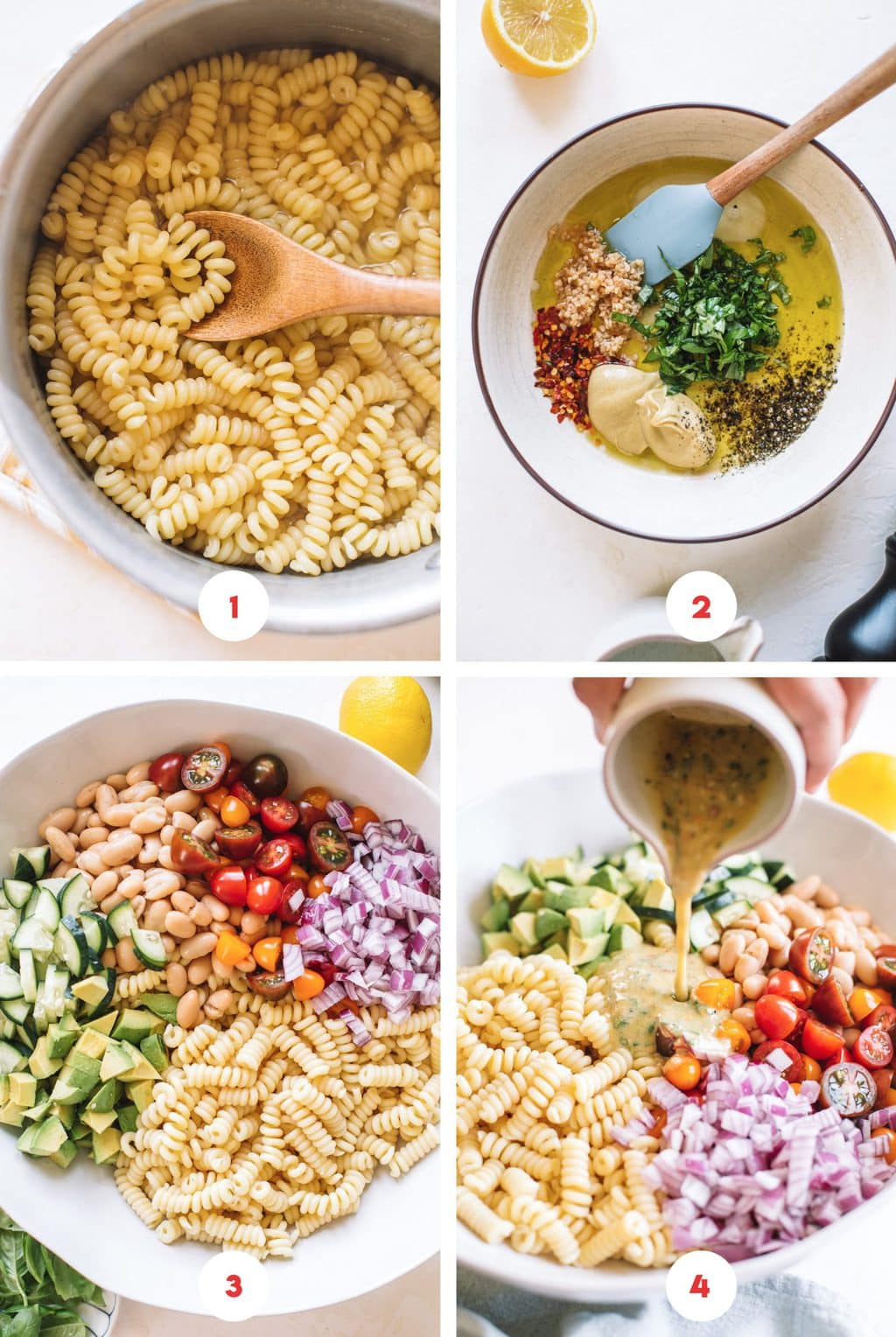 pasta in pot, lemon herb dressing in bowl, pasta salad ingredients in bowl, pouring dressing over pasta salad