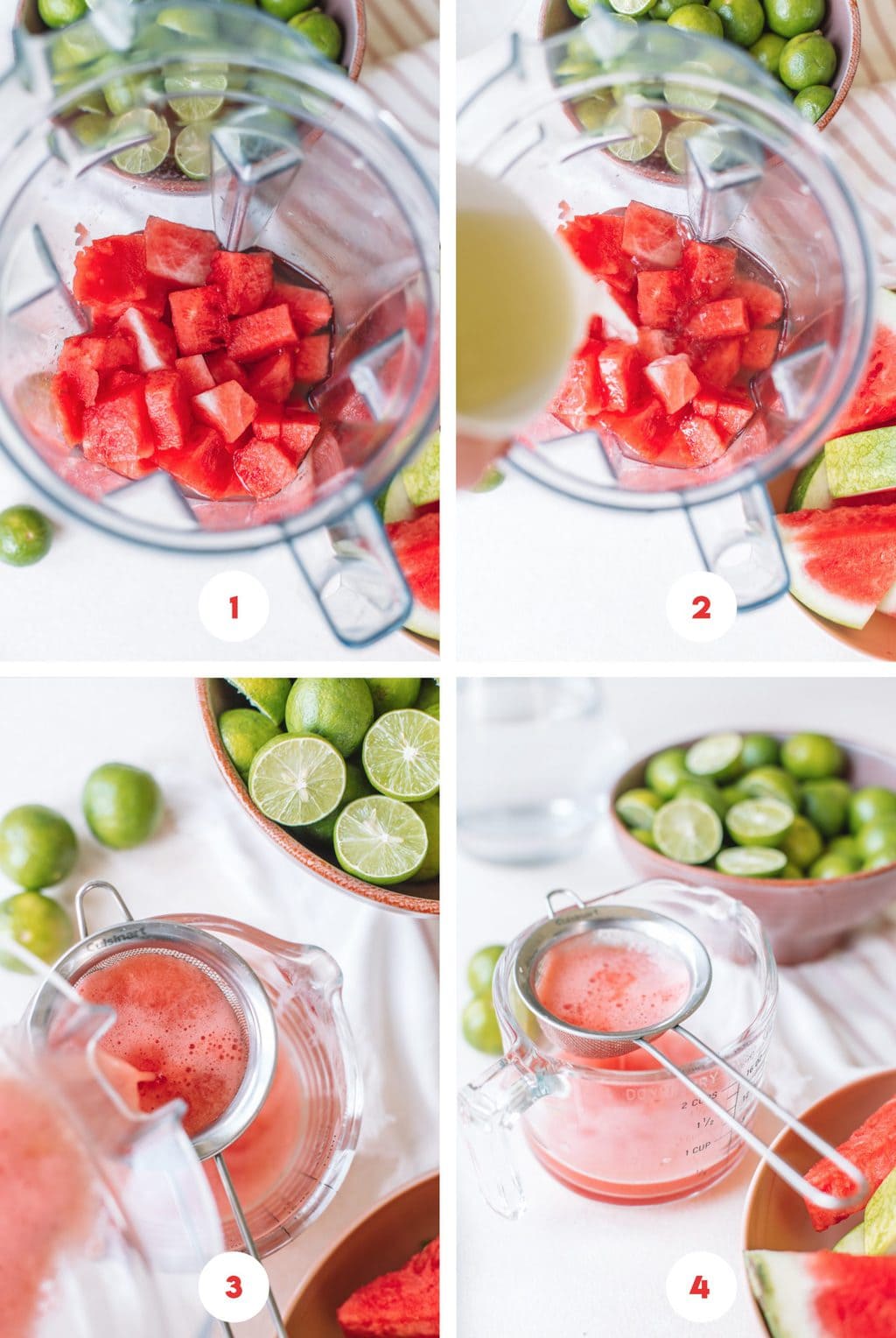 Step by step process on how to make watermelon vodka drink in a blender.